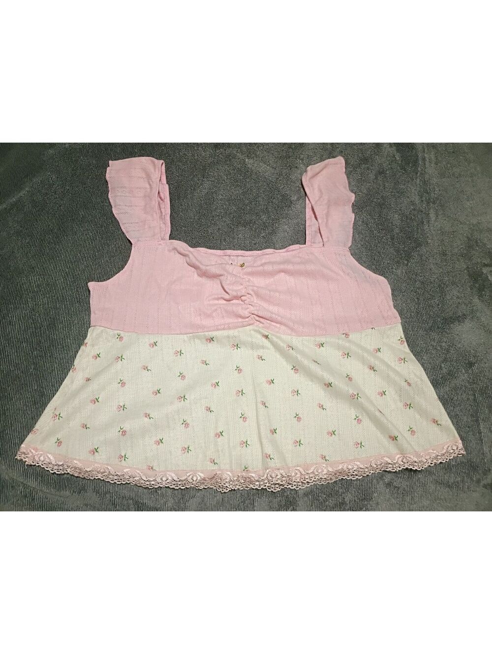 ROMWE Pink and White Floral Lace Trim Tank Top 2XL
